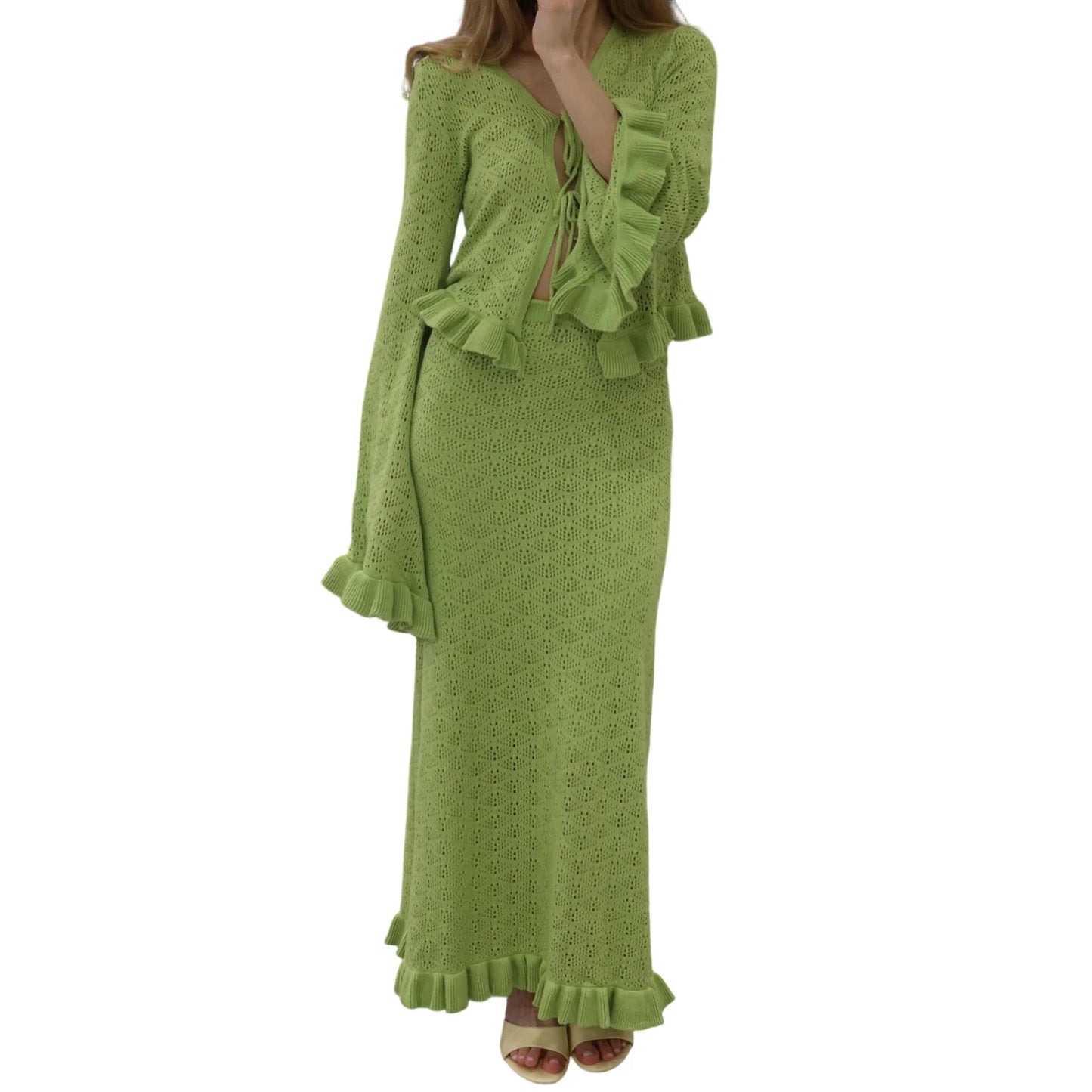 Women s Two Piece Outfit Stylish Long Sleeve Tie Front Top with Ruffled Bodycon Skirt Set for a Chic Look