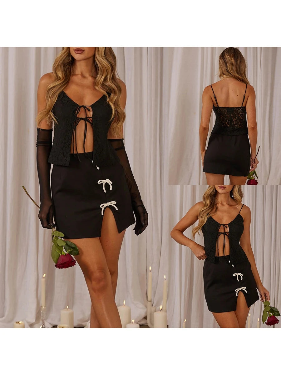 Women s 2 Piece Skirt Outfits Sleeveless Open Front Lace Cami Tops Split Tie Up Skirt Set