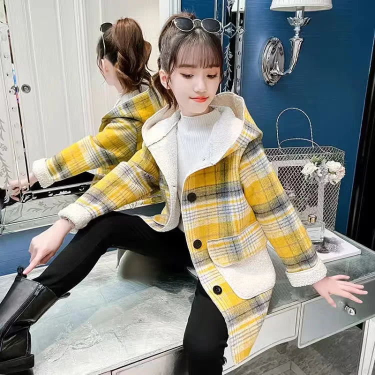 Fashion Girls clothing Jackets Autumn Winter parka Clothes Medium Long coat windbreaker Plaid Thicken Lamb Children Woolen Coats