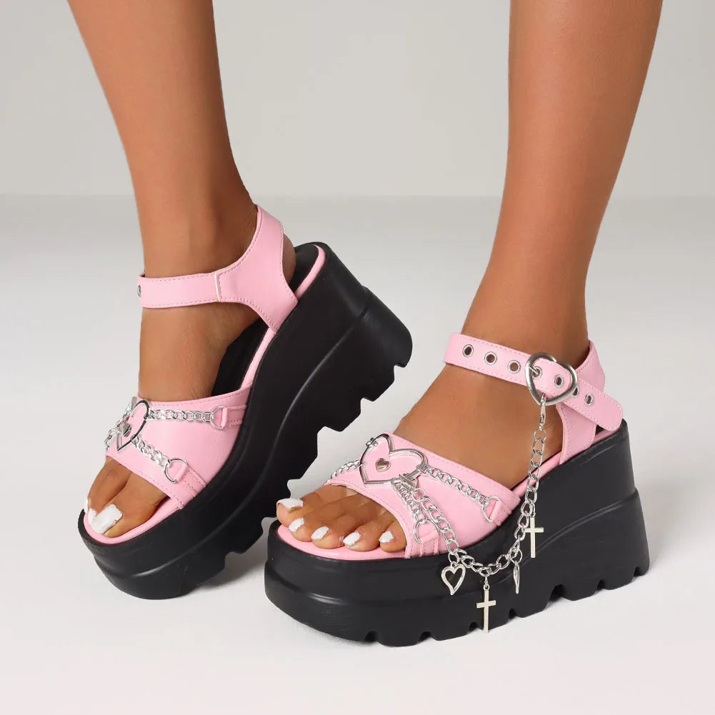 Women's Y2K Platform Goth Summer Sandals Fashion Punk Heart Chain Wedges High Heels Casual Party Street Thick Bottom Sandals