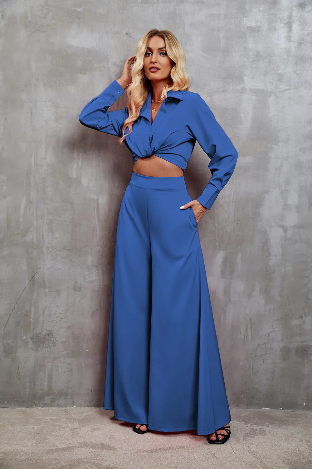 2024 New Women Set Solid Color Long Wide Leg Pants Women's Two-piece Set Fashion Casual Long Sleeves Shirt Jacket Suit Autumn